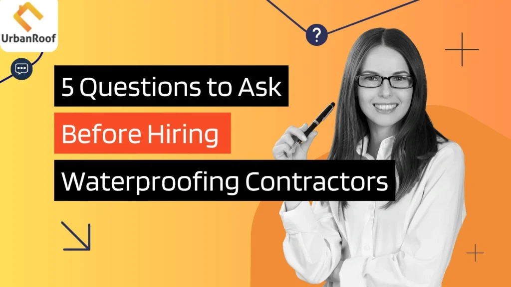 Image of a girl looking a professional and text showing Questions to Ask Before Hiring Waterproofing Contractors