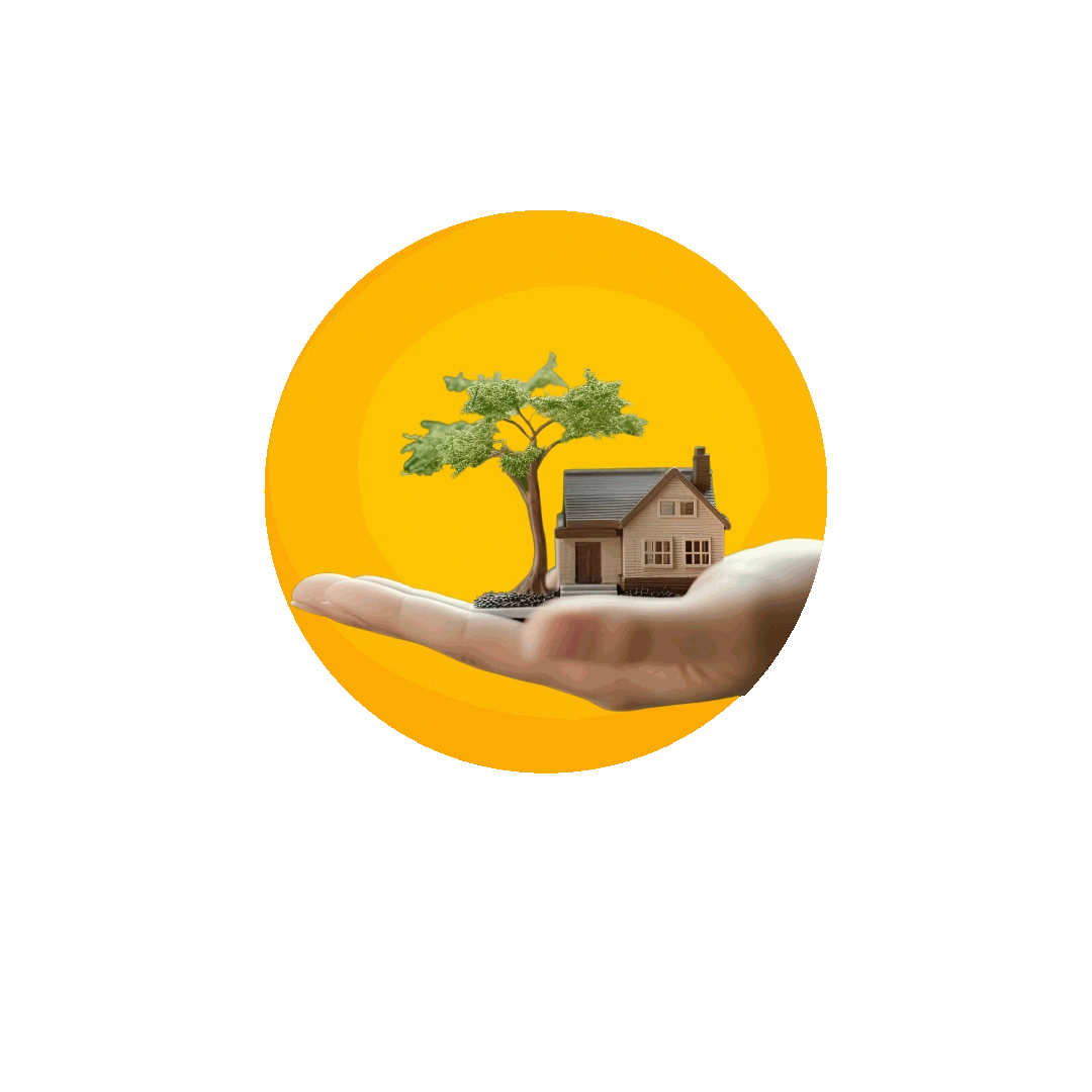 Icon of a hand holding a home with a tree, symbolizing a healthier home structure.