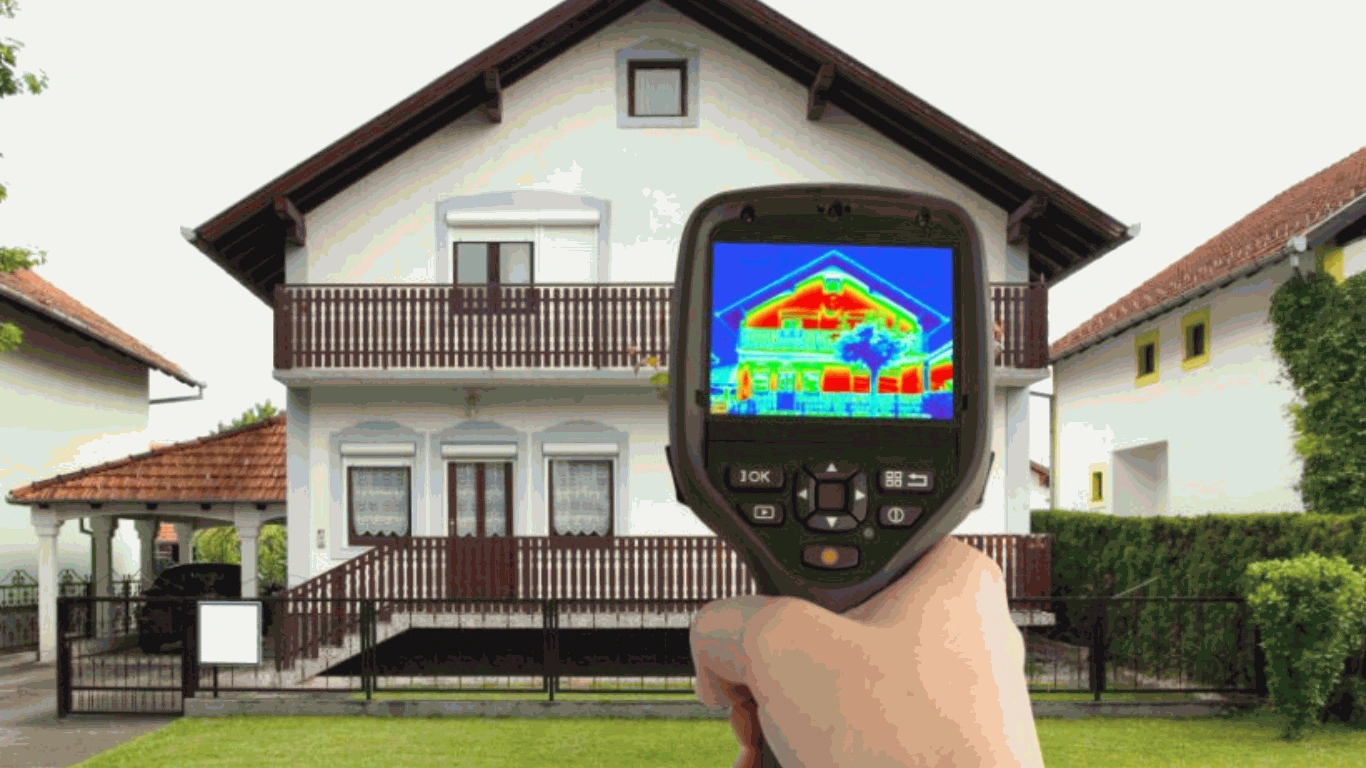 A image of Thermal camera inspecting home, showing defects on screen.