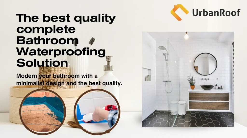 image of bathroom and two icons showing waterproofing solution application